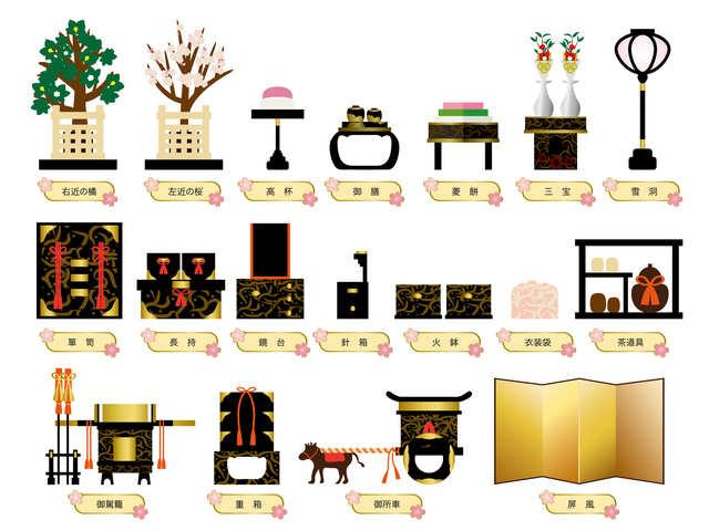 ひな祭り　七段飾りの雛人形　道具一式　屏風・桜橘・雪洞・三方・菱台・高坏・道具類