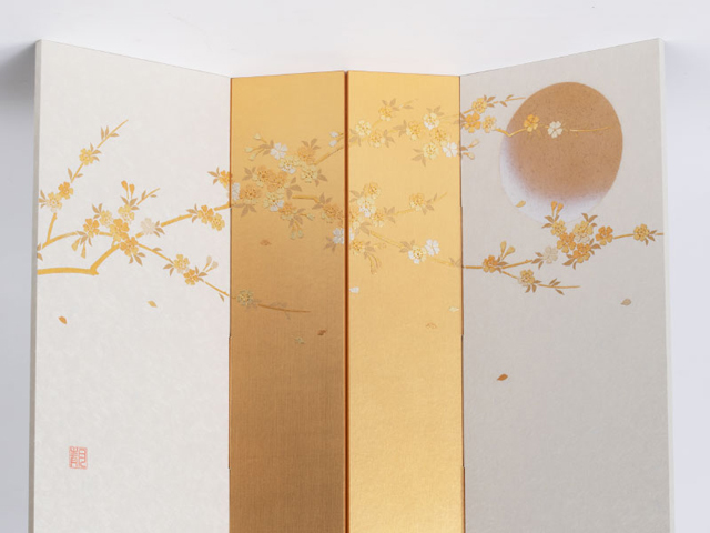 雛人形・京十番 立雛 ケヤキ塗平台飾り　Ｎｏ１３０６　ひな屏風　月に桜