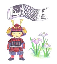 端午の節句　五月人形　鎧兜に鯉のぼり